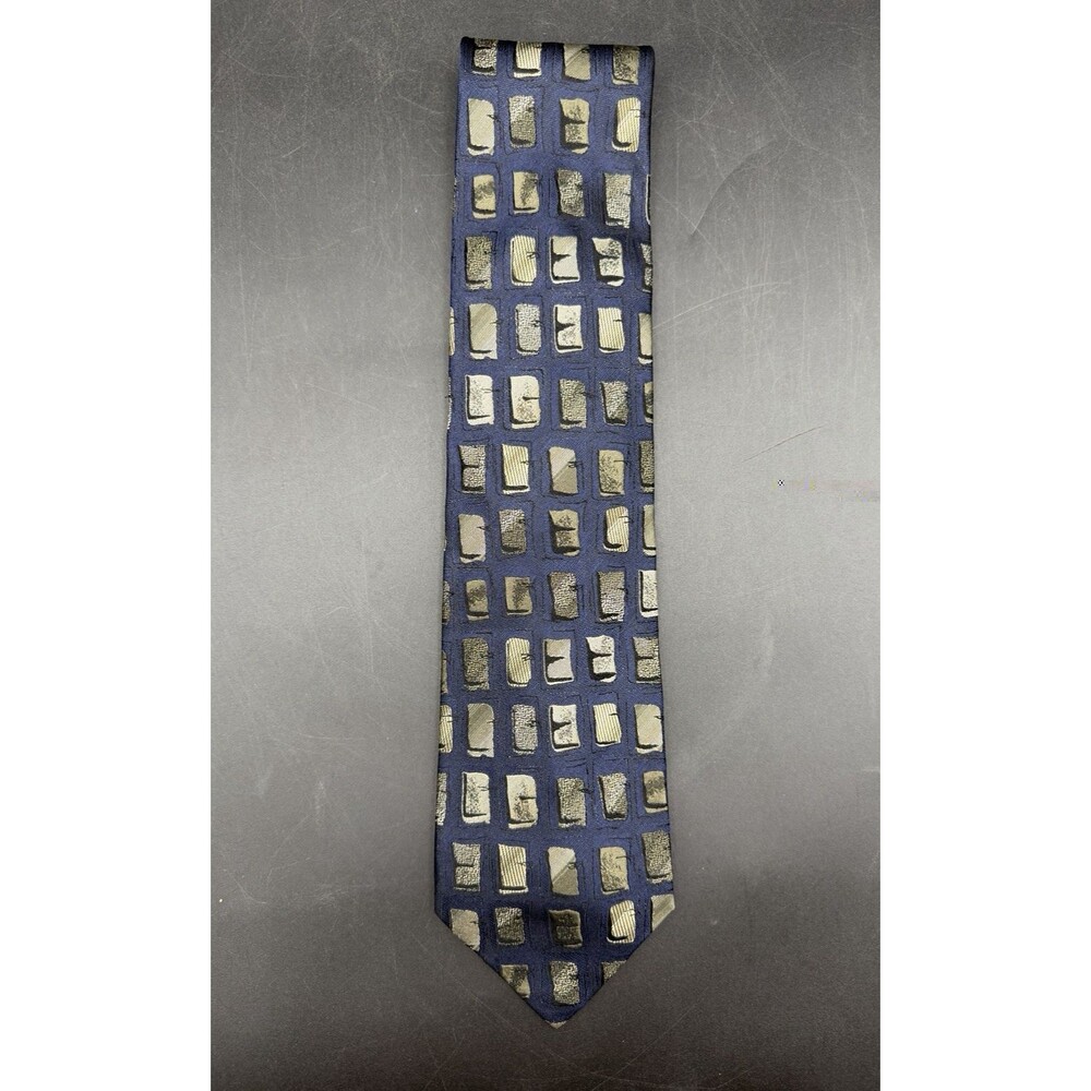 J. GARCIA Navy Blue & Olive Green Geometric Square Pattern 100% Silk Tie